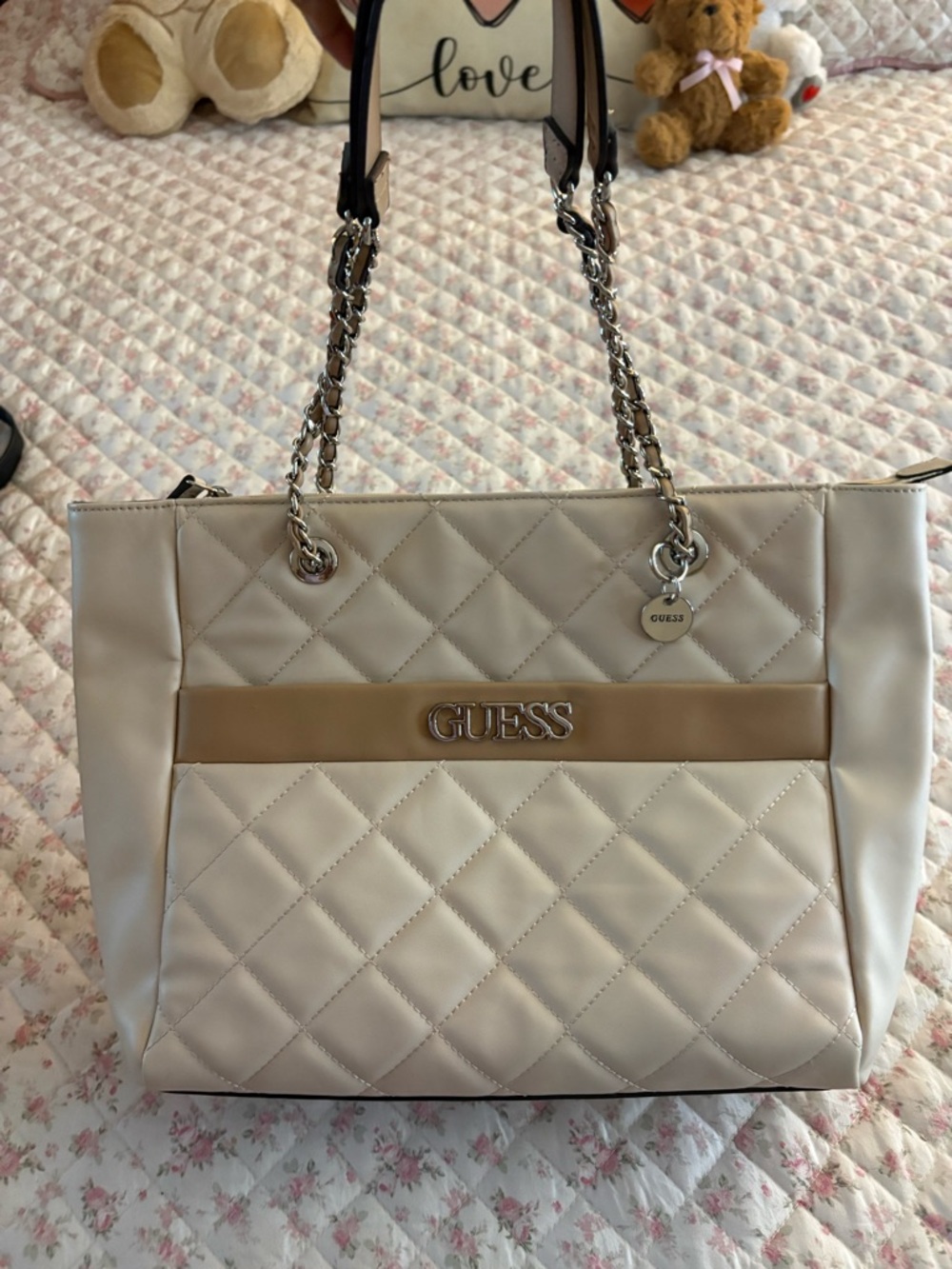 GUESS Quilted Cream Tote with Tan Accent and Silver Chain Straps